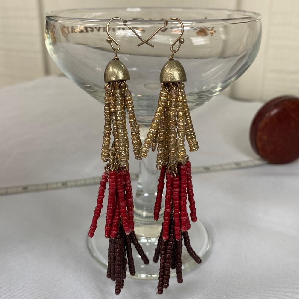 Unusual tiered tassel style neutral seed bead earrings